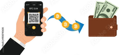 Bitcoin Payment and Cryptocurrency Transfer Concept with Mobile QR Code Scan Sending BTC to Wallet Cash Money Exchange Digital Finance Illustration