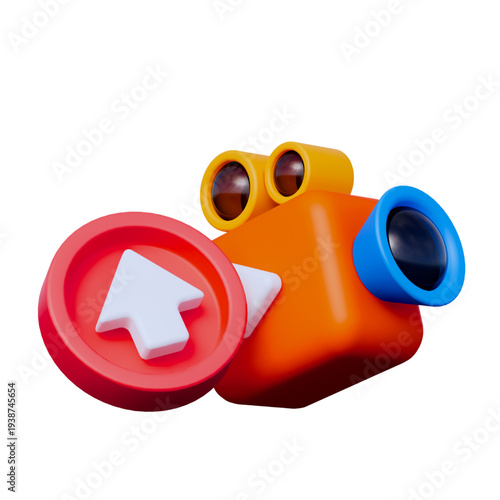 Dynamic 3D illustration of a video camera with an upload button and cursor, symbolizing digital content transfer, online media sharing, and broadcast submission for web platforms