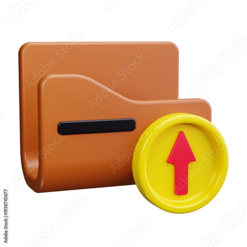 3D Rendered Brown Folder with Upload Arrow Icon Illustrating Digital File Transfer, Data Management, and Cloud Storage Concepts for Online Content