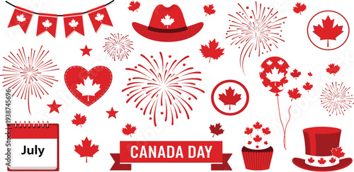 Canada Day Celebration Vector Set with Canadian Flag Bunting, Maple Leaves, Fireworks, Hat, Balloon, Cupcake and July Calendar Patriotic Holiday Elements