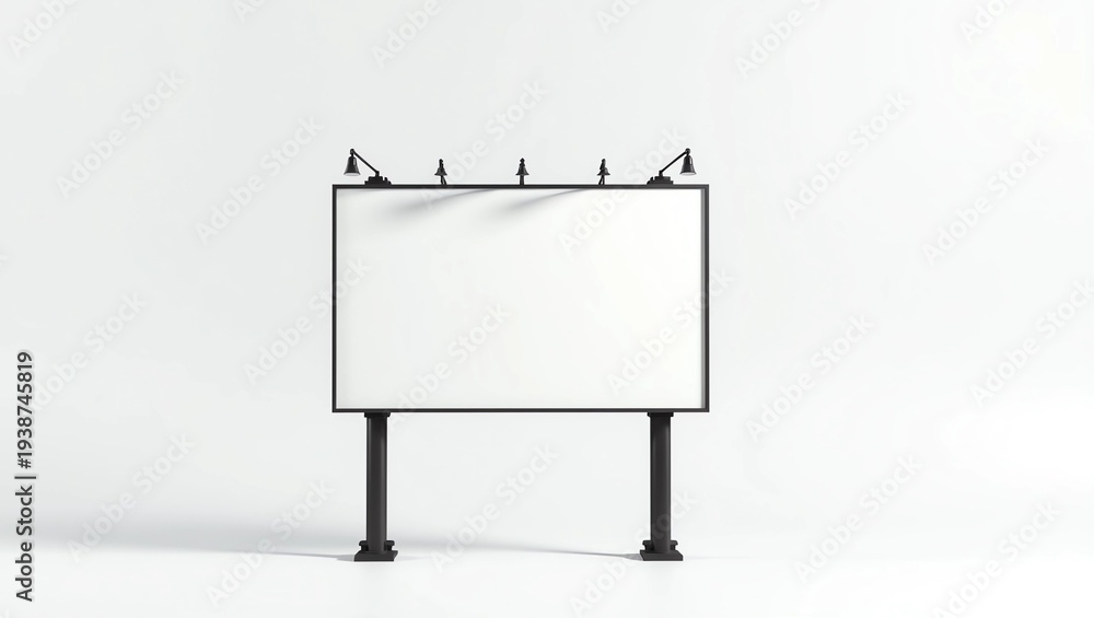Obraz premium Blank white banner mockup on black city square billboard, 3d rendering. Empty bill board mock up isolated. Clear canvas template on sity street sign. Outdoor poster screen. Big cityboard signage stand