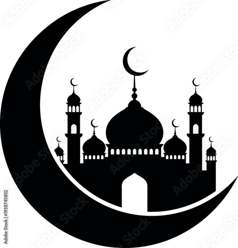 Silhouette of a majestic mosque with minarets and domes standing prominently within a large crescent moon shape, vector illustration