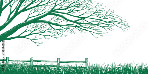 Countryside Landscape Illustration with Tree Branch Silhouette, Wooden Fence, and Grass Field for Nature Background, Rural Scenery, and Eco Design