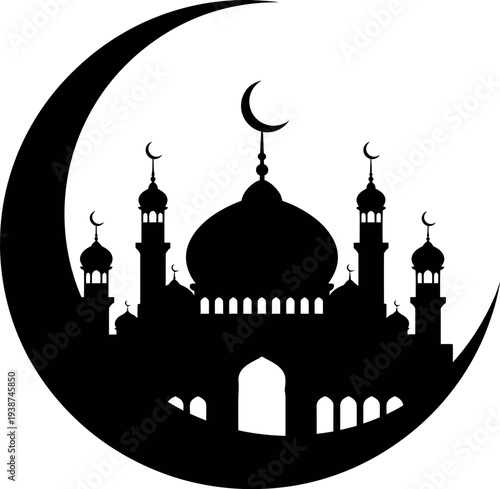 Silhouette of a majestic mosque with minarets and crescent moon on a curved shape, viewed from the front, serene nighttime scene