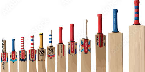 Cricket Bat Evolution Set Showing Different Bat Sizes from Mini to Professional Wooden Bats for Sports Equipment, Cricket Training, and Game Illustration
