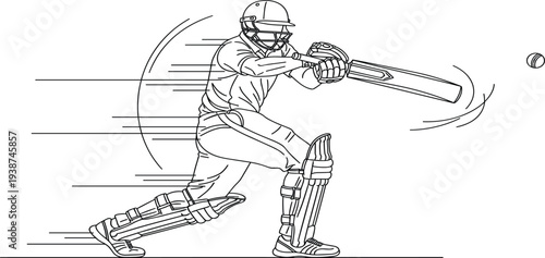 Cricket Batsman Line Art Illustration Playing Shot with Bat and Ball Dynamic Sports Player Outline Vector Design for Sports Posters and Graphics