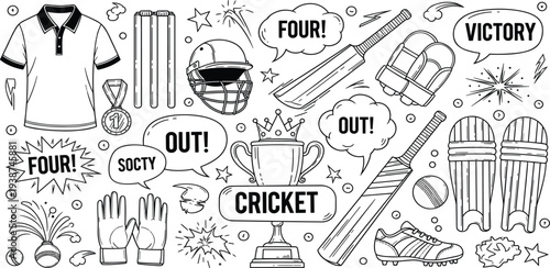Cricket Doodle Set with Bat, Ball, Helmet, Gloves, Trophy, Pads, and Victory Speech Bubbles Hand Drawn Sports Equipment Collection Vector Illustration