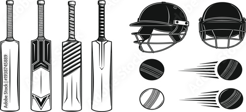 Cricket Equipment Vector Set with Bats, Helmet and Ball Silhouettes Sports Gear Collection for Cricket Tournament, Training and Game Illustration