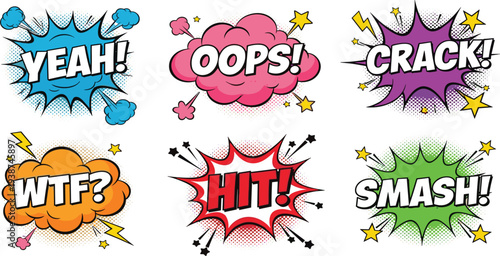 Comic Speech Bubble Explosion Set with Yeah Oops Crack Smash WTF and Hit Pop Art Style Sound Effects for Comics, Stickers, and Graphic Design