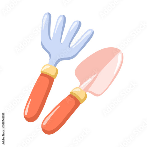 Spring garden tools set with trowel and hand rake. Cartoon vector isolated illustration on white background