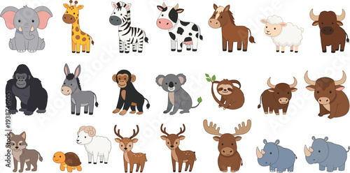 Cute Cartoon Zoo and Farm Animals Collection with Elephant, Giraffe, Zebra, Cow, Horse, Sheep, Gorilla, Monkey, Koala, Sloth, Deer, Rhino Vector Set