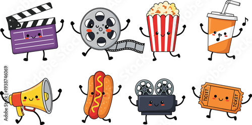 Cute Cinema Cartoon Character Set with Popcorn, Film Reel, Movie Camera, Ticket, Soda Drink and Clapperboard Mascot Illustration