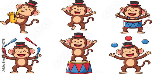 Cute Circus Monkey Cartoon Character Set Performing Music, Drums, Juggling, and Dancing with Top Hat for Kids Entertainment Illustration