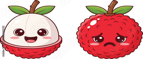 Cute Lychee Fruit Character Set with Happy and Sad Expressions Kawaii Tropical Food Mascot Cartoon Illustration for Stickers and Kids Design
