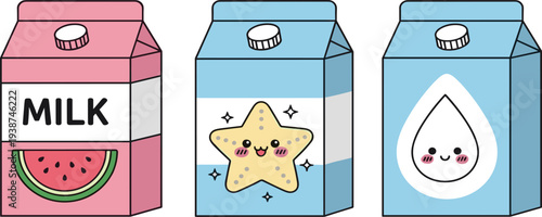 Cute Milk Carton Character Set with Watermelon Milk, Star Mascot and Happy Drop Face Kawaii Dairy Packaging Illustration