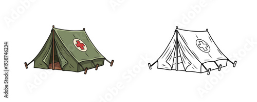 Emergency medical rescue tent illustration in green color with red cross symbol representing field hospital or temporary shelter isolated on white background