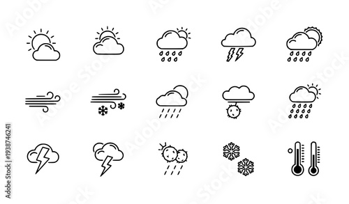 Climate forecast thin line icon set with storm snow wind and temperature symbols