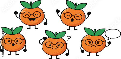 Cute Orange Fruit Character Set with Glasses Showing Different Emotions Funny Citrus Mascot Cartoon Illustration for Stickers, Kids Design and Food Branding