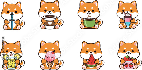 Cute Shiba Inu Dog Eating Food Cartoon Set with Milkshake, Ice Cream, Coffee, Juice, Watermelon and Strawberries Kawaii Animal Character Collection