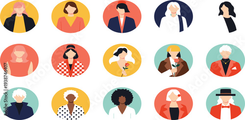 Diverse People Avatar Icon Set with Modern Flat Style Portraits of Men and Women for Social Media Profiles, User Accounts, and Community Representation