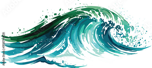 Dynamic Ocean Wave Splash Illustration with Turquoise Water Motion Powerful Sea Wave Curling Artistic Marine Nature Vector Design