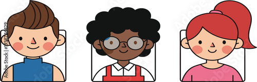 Diverse Cartoon Kids Avatar Collection with Smiling Boys and Girl Characters Cute Flat Style Profile Icons for Social Media, Apps, Education, and UI Design