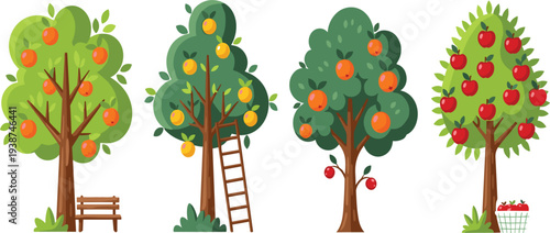 Fruit Trees Vector Illustration Set with Apple and Orange Trees, Garden Harvest Scene with Ladder, Bench, and Basket for Orchard Farming Design
