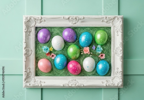 A framed picture of colorful easter eggs on green grass