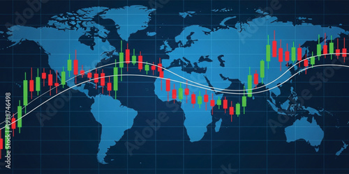Global Financial Market Analysis Background with Candlestick Stock Chart and Moving Average Lines Over a Blue World Map Grid for Trading and Investment