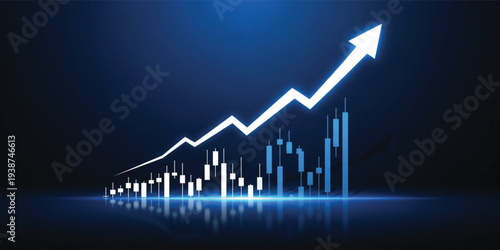 Glowing Neon Blue Bullish Financial Growth Arrow with Rising Candlestick Charts on Dark Background for Success Concepts Stock Market Trading and Digital Wealth Presentations