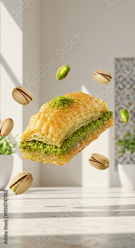 Levitating piece of pistachio baklava dessert with floating nuts in bright sunny kitchen