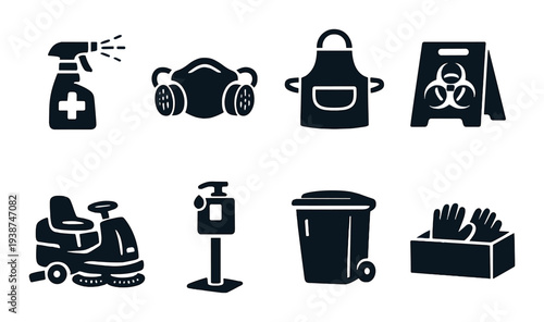 Cleaning safety and sanitation icons arranged on dark backdrop