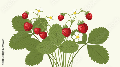 Lush cluster of wild strawberry plants, bursting with ripe red berries and delicate white flowers, symbolizing natural abundance.