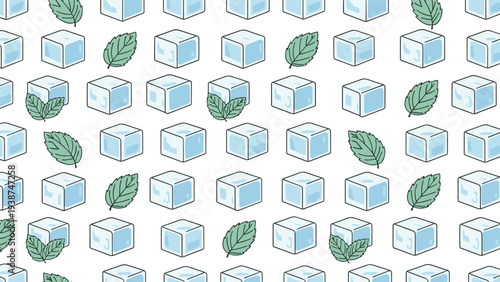 Refreshing seamless pattern composed of numerous clear ice cubes and vibrant green mint leaves, evoking coolness and freshness.