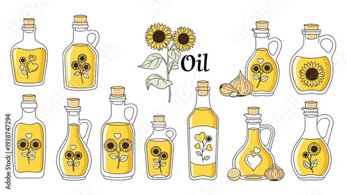Extensive collection of various sunflower oil bottles adorned with charming sunflower motifs, accompanied by whole sunflowers and garlic.