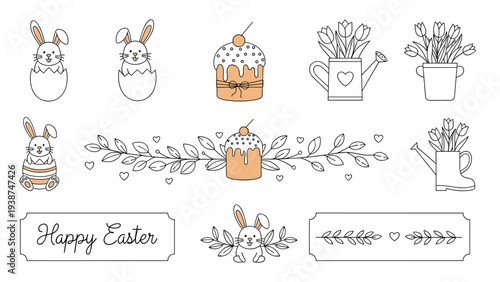 Comprehensive collection of various Easter-themed outline icons, featuring cute bunnies, decorated eggs, festive cakes, tulips, and "Happy Easter" greetings.