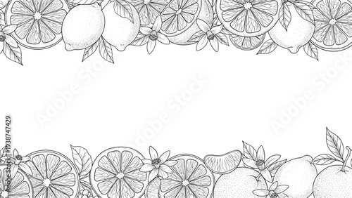 Elegant black and white borders showcasing intricate illustrations of citrus fruits like lemons and oranges, adorned with delicate blossoms and leaves.