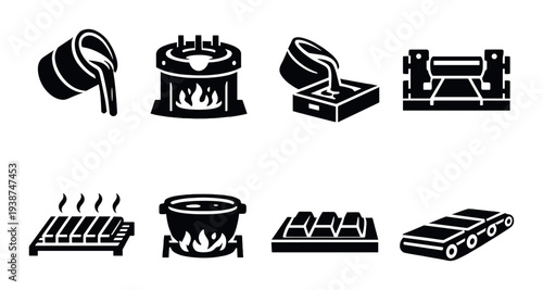 Molten metal pouring and casting operations on dark gray background