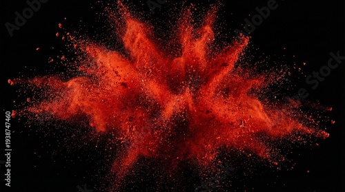 Dynamic red color powder explosion frozen in mid-air isolated on a black background.