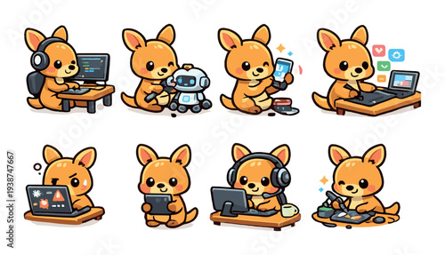 Eight kangaroo characters doing tech and creative tasks on backdrop