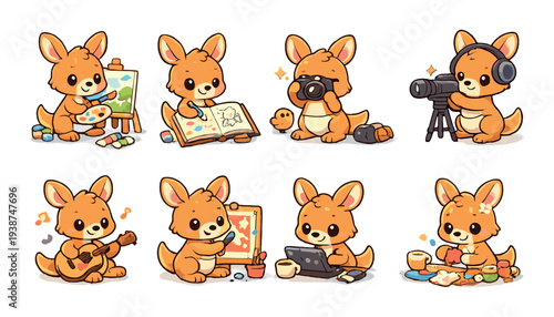 Kangaroo characters engaged in creative hobbies on brown backdrop