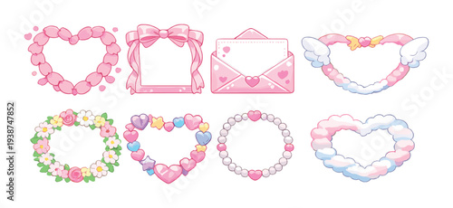 Romantic heart frames with bows envelope pearls and angel wings on dark