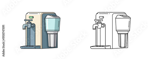 Water filtration system appliance illustration in beige and gray colors with faucet and cartridge representing domestic water purification equipment isolated on white background