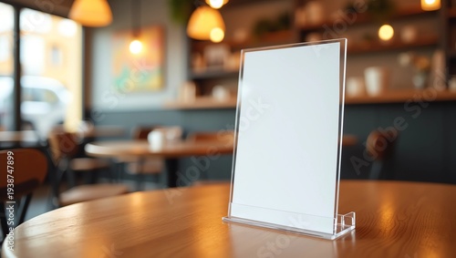 Mock up Menu frame standing on wood table in Bar restaurant cafe. space for text 