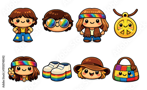 Hippie character icons and accessories on gradient background