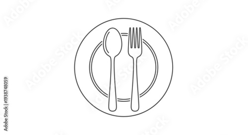 Simple Line Art Icon of Plate with Spoon and Fork, Minimalist Dining Symbol