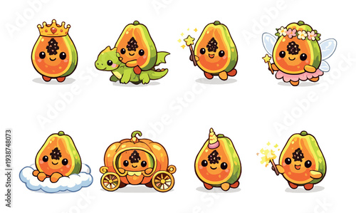 Papaya characters in fantasy costumes on dark gradient background