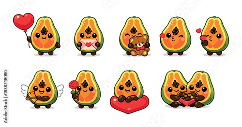 Papaya characters holding hearts and gifts on green background