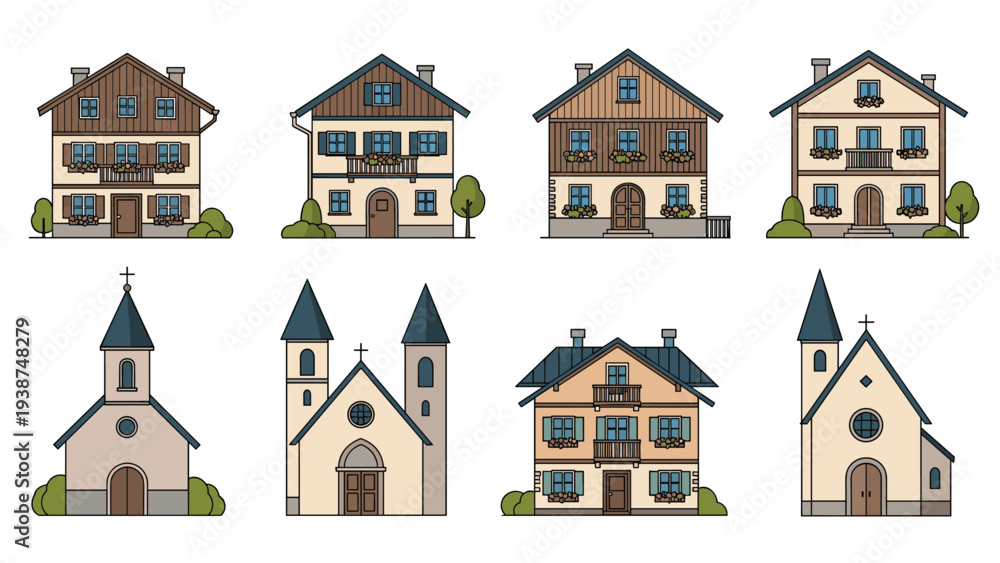 Naklejka premium Charming collection of traditional European-style houses and churches, depicted with warm colors and a clean, flat design aesthetic.