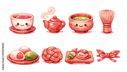 Tea set and japanese sweets displayed on dark backdrop